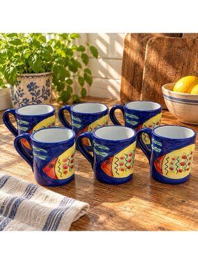 Vintage Pier 1 Handpainted Made in Italy Pottery Fish Mugs Set of 6 Blue #49